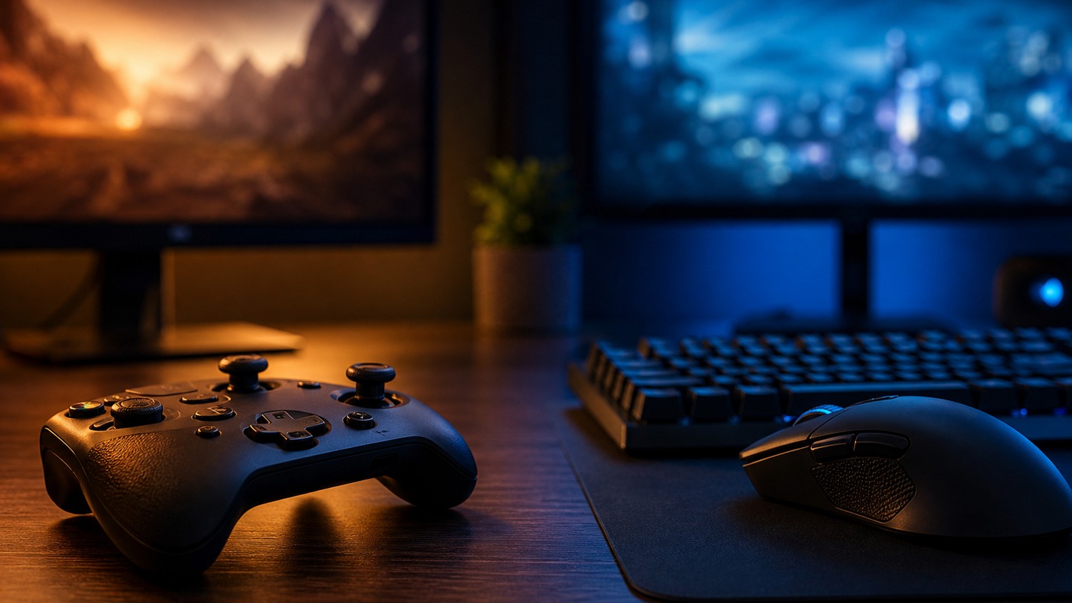 Gaming desk comparing controller and keyboard play styles without game footage.