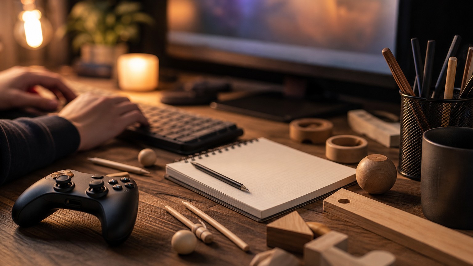 Builder game creativity represented by maker tools and gaming hardware.