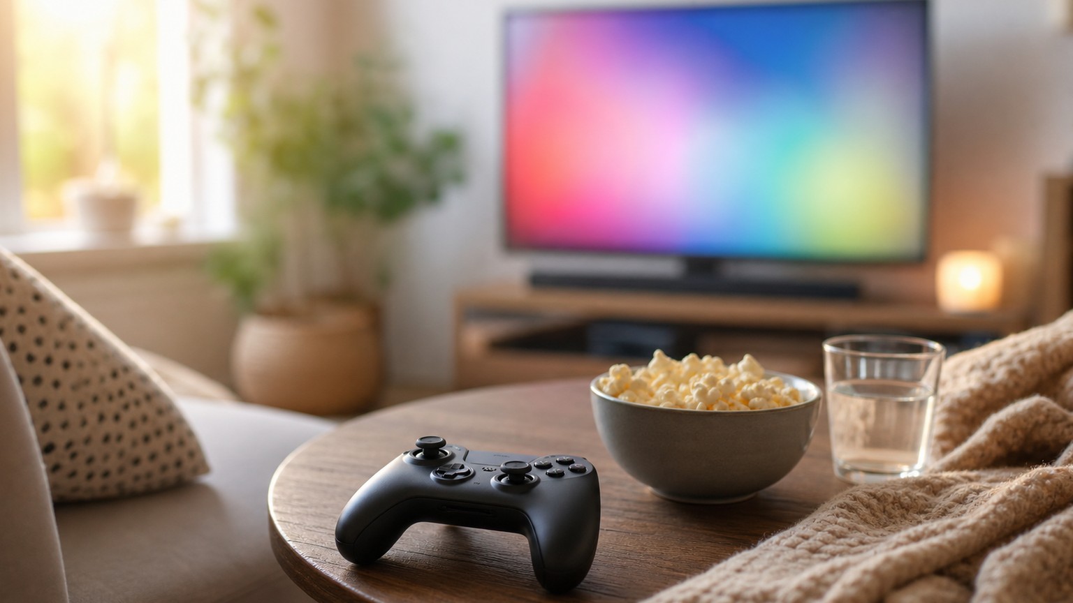 Casual gaming represented by a relaxed couch setup and blurred screen light.