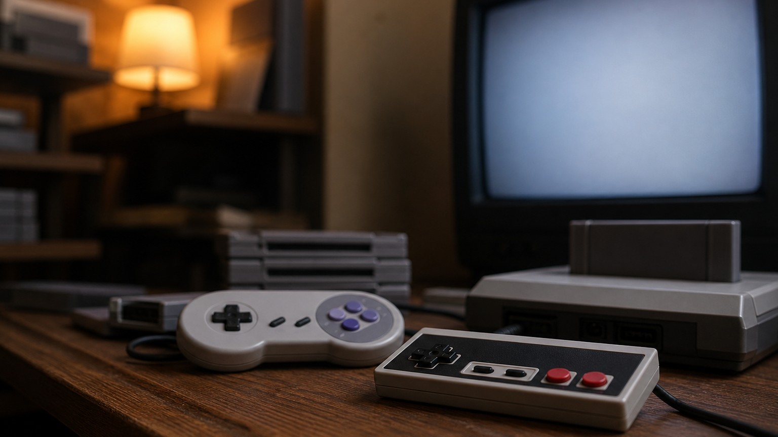Classic platformer nostalgia represented by generic retro gaming hardware.