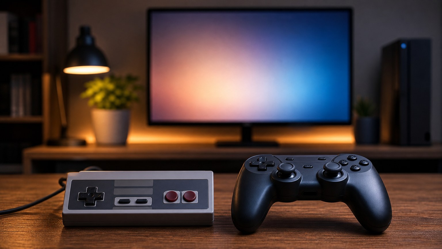 Classic games represented by generic old and new controllers with no visible game footage.