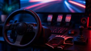 Competitive racing setup with wheel and pedals, no branded track imagery.