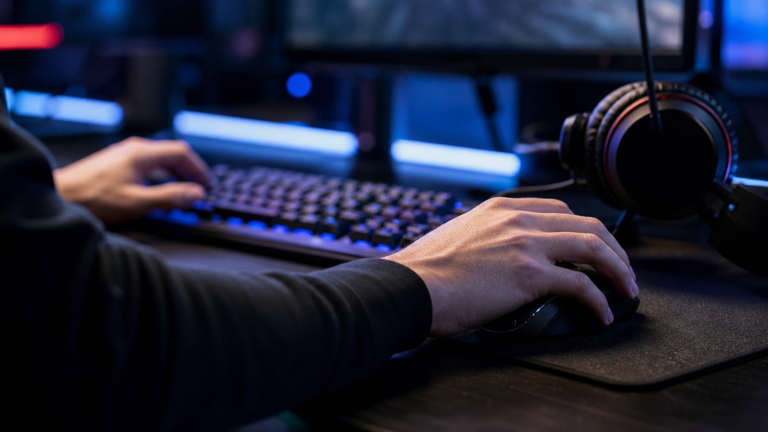 Competitive FPS focus represented by keyboard, mouse, and headset without shooter footage.