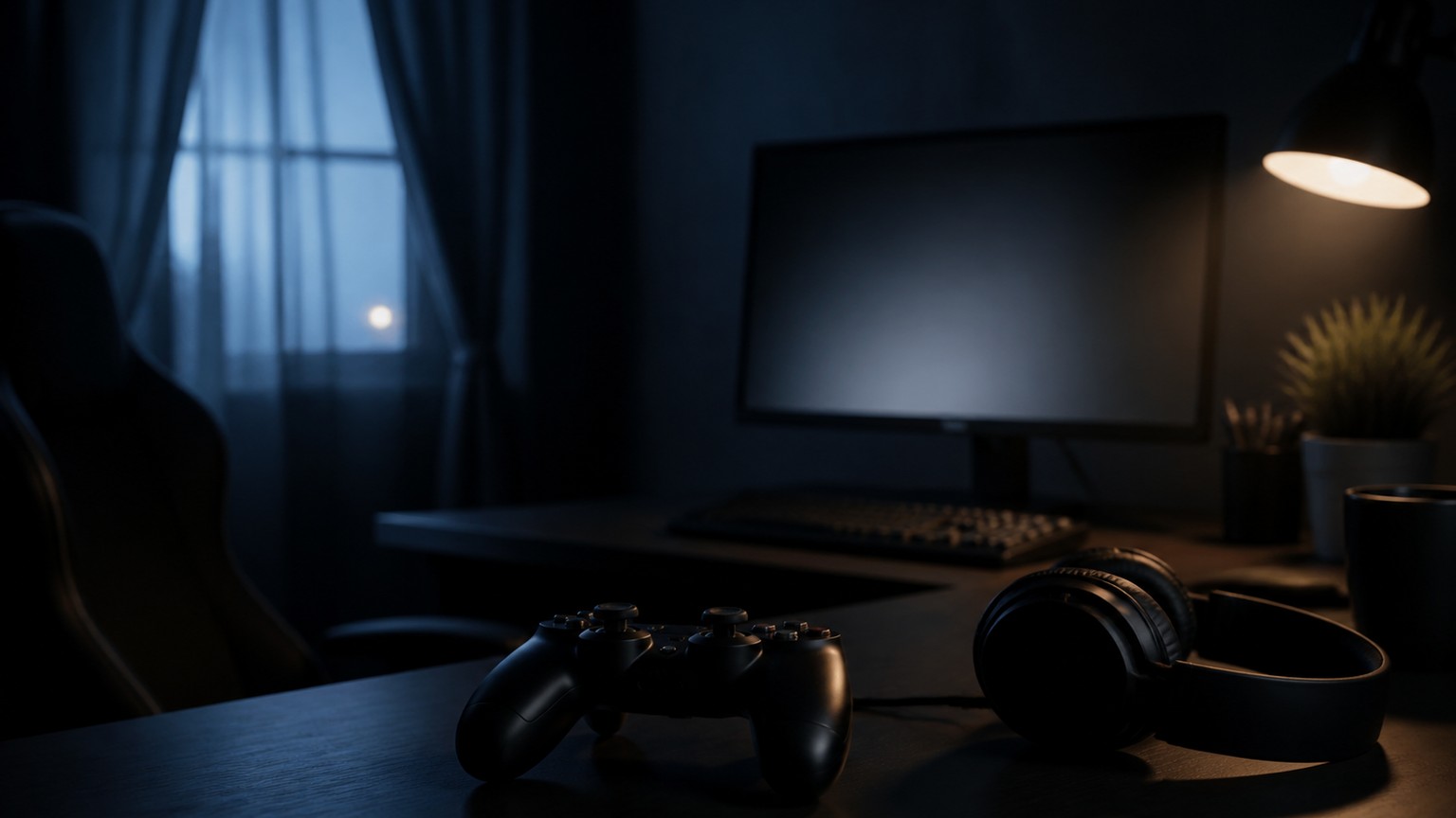 Horror gaming tension represented by dark room lighting and hardware.