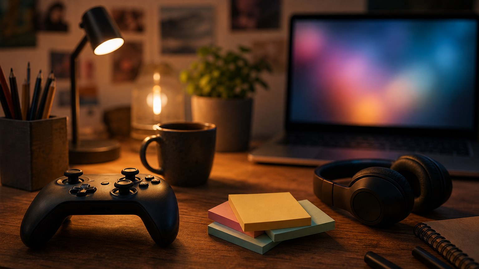 Indie game discovery represented by a cozy creative gaming desk.