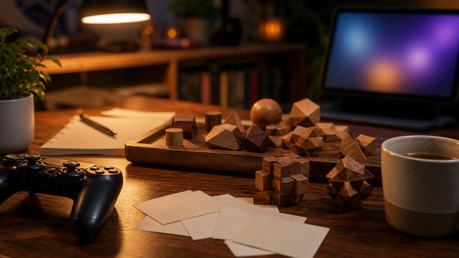 Puzzle gaming represented by geometric desk objects and controller.