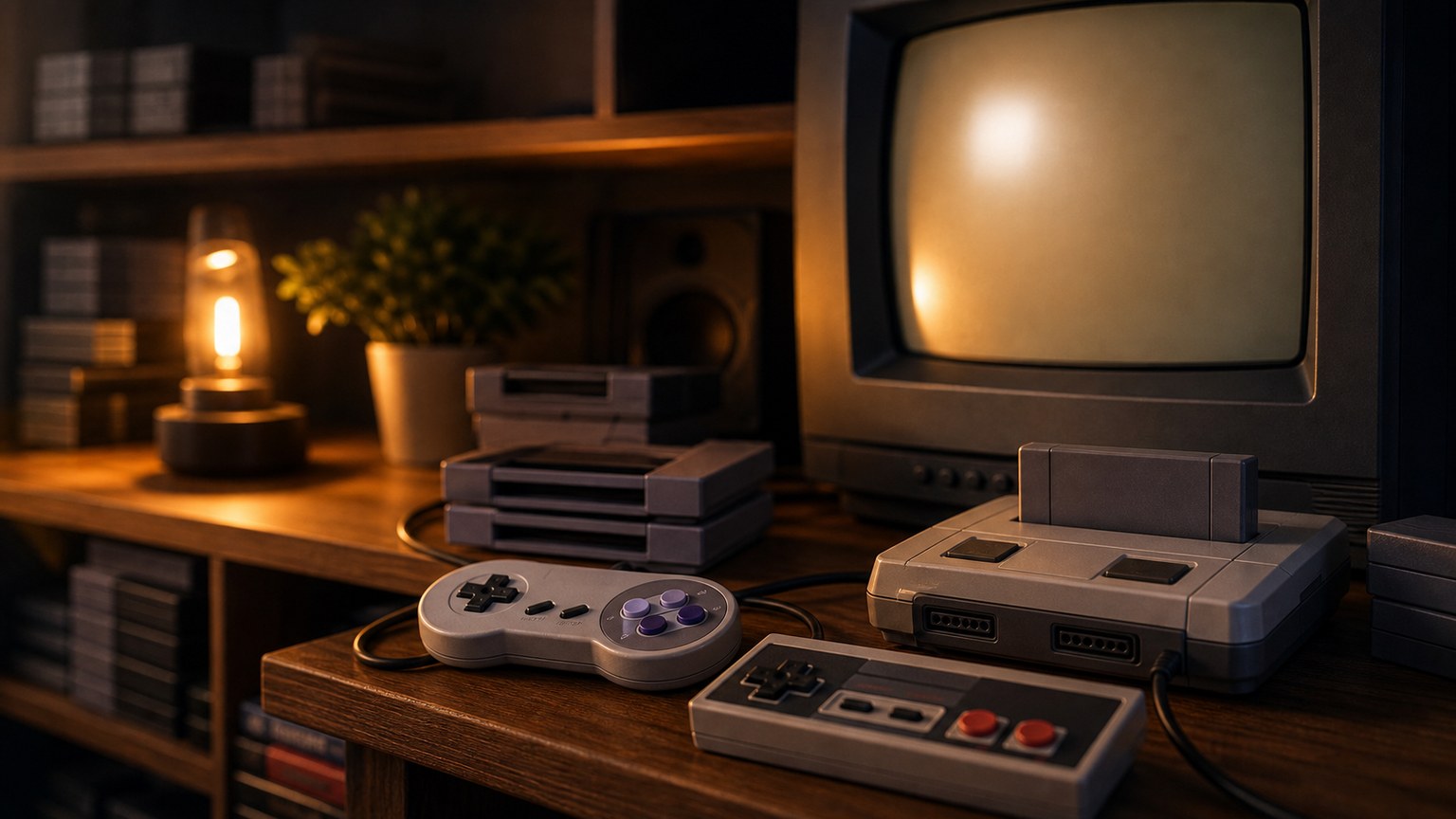 Retro gaming history represented by generic unbranded hardware and blank CRT glow.