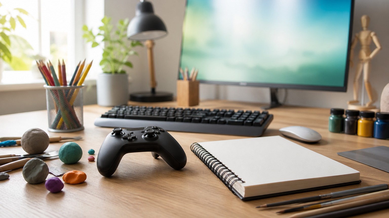Sandbox creativity represented by art supplies and gaming hardware.