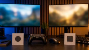 Shooter perspective comparison represented by gaming peripherals and abstract screens.