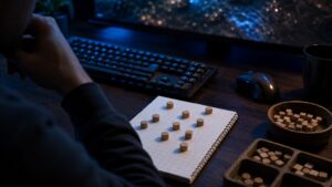 Strategy gaming desk with abstract planning pieces and no game footage.