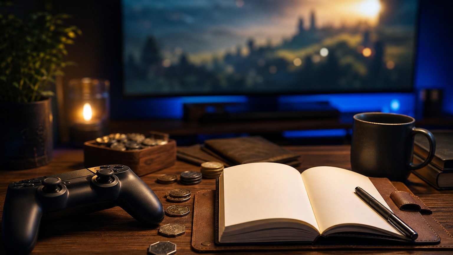 RPG progression represented by a controller and blank planning journal.