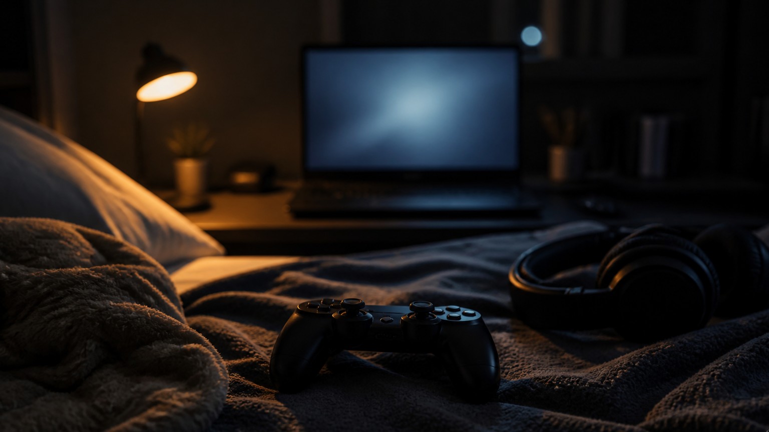 Late-night suspense gaming represented by bedroom setup and blurred screen glow.