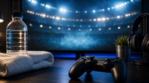 Sports gaming atmosphere represented by controller and abstract arena light.