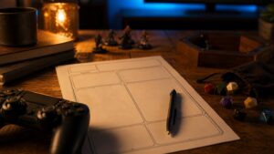 Role-playing choice represented by tabletop gaming props and a blurred screen.