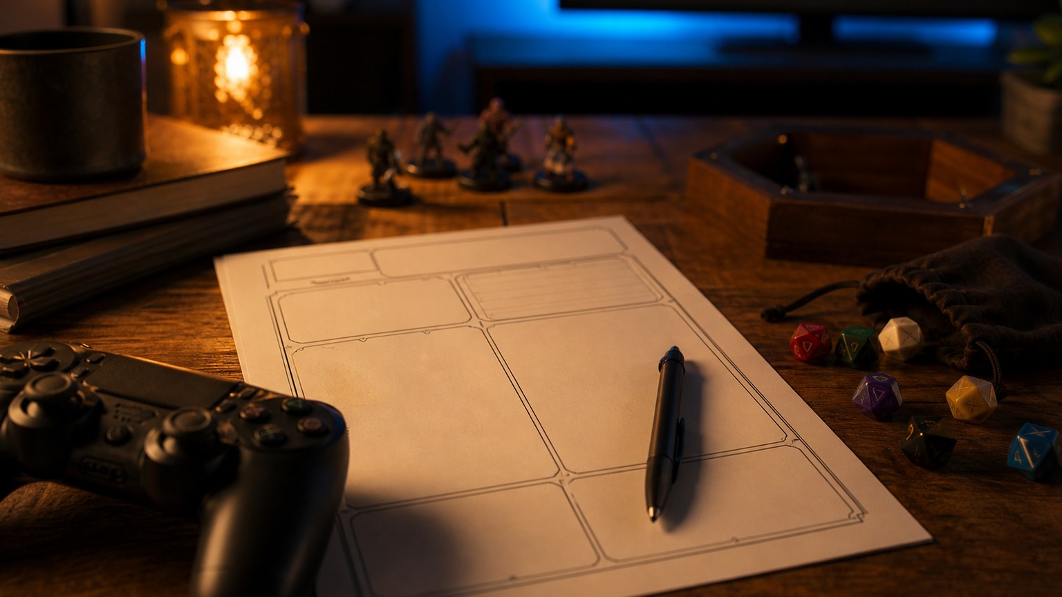 Role-playing choice represented by tabletop gaming props and a blurred screen.
