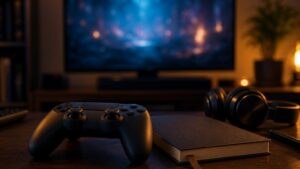 Story-focused gaming desk with abstract screen glow.