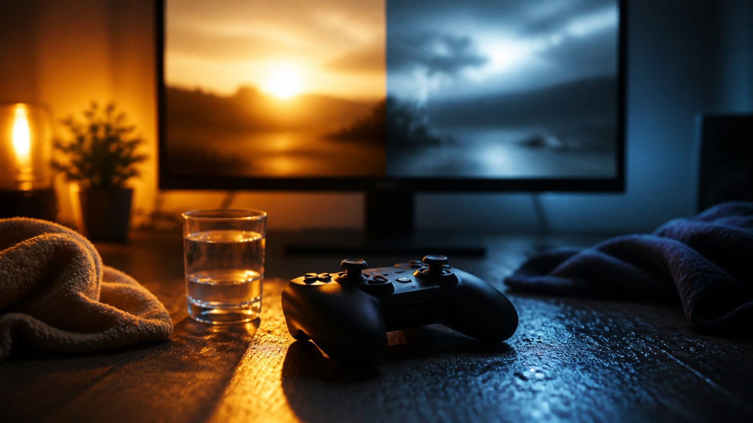 Neutral editorial gaming setup representing how Day-Night Cycles and Weather Systems Shape Adventure Game Worlds.